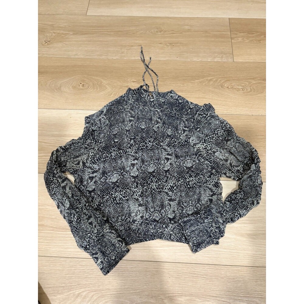 Free People Black Gray Snakeskin Smocked Ruched Cropped Top Blouse XS